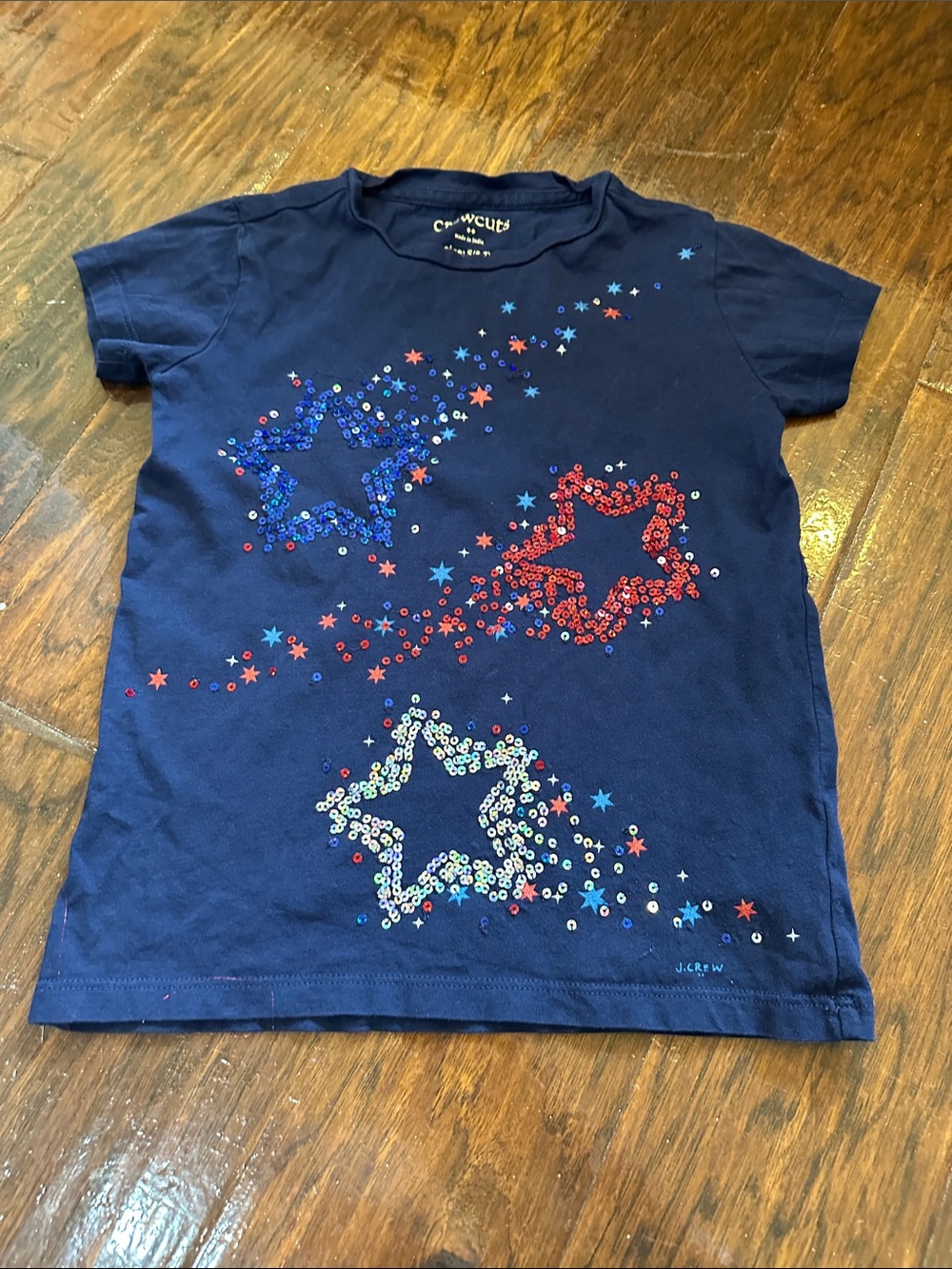 J. Crew Navy Short Sleeve Tee with Red, Blue & White Sequin Stars